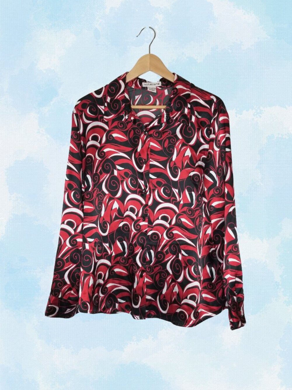 YTK Notations Red/Black/White Swirl Pattern Button-up Blouse, XL